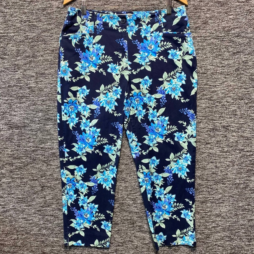 Talbots Ankle Capri Pants Womens 12 Blue Floral Stretch Cotton Tropical Casual